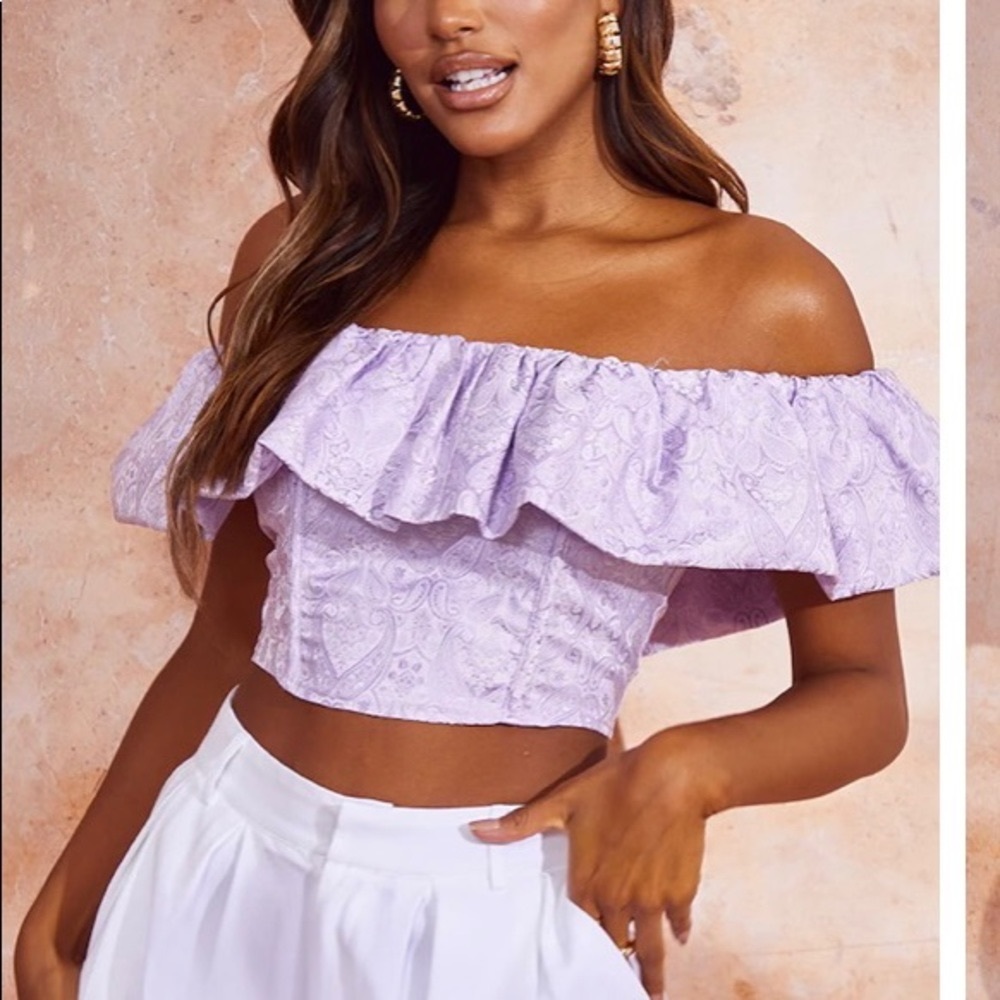 Lilac Woven Jacquard Frill Bardot Crop Top